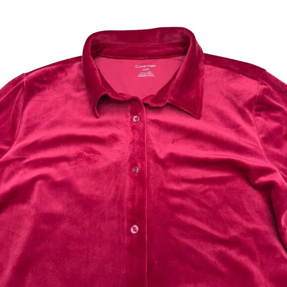 Calvin Klein Women's Red Velour Button-Up Front Stretch LS Shirt, Size L - Picture 3 of 9